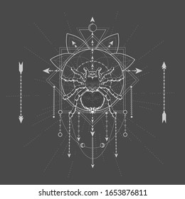 Vector illustration with hand drawn Spider Tarantula and Sacred symbol LOTUS on black background. Abstract mystic sign. White linear shape. For you design, tattoo or magic craft.