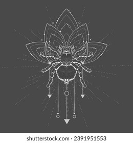 Vector illustration with hand drawn Spider Tarantula and Sacred symbol LOTUS on black background. Abstract mystic sign. White linear shape.