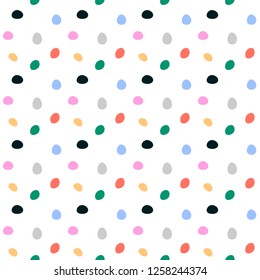 Vector illustration of hand drawn spots. Seamless repeat pattern with cute and colorful dots. Abstract childish texture for fabric, textile, apparel or wrapping paper. 