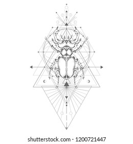 Vector illustration with hand drawn stag beetle and Sacred geometric symbol on white background. Abstract mystic sign. Black linear shape. For you design: tattoo, print, posters, t-shirts, textiles.