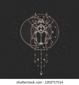 Ilustración vectorial con escarabajo trenzado a mano y símbolo geométrico sagrado sobre fondo vintage negro. Signo místico abstracto. Forma lineal de oro. Para su diseño: tatuaje, imprenta, afiches, pantalones.