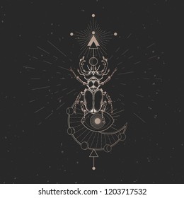 Vector illustration with hand drawn stag beetle and Sacred geometric symbol on black vintage background. Abstract mystic sign. Gold linear shape. For you design: tattoo, print, posters, t-shirts.