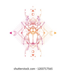 Vector illustration with hand drawn stag beetle and Sacred geometric symbol on white background. Abstract mystic sign. Colored linear shape. For you design: tattoo, print, posters, t-shirts, textiles.