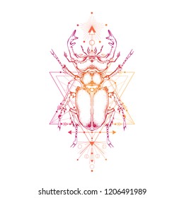 Vector illustration with hand drawn stag beetle and Sacred geometric symbol on white background. Abstract mystic sign. Colored linear shape. For you design: tattoo, print, posters, t-shirts, textiles.