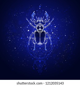 Vector illustration with hand drawn stag beetle and Sacred geometric symbol against the starry sky. Abstract mystic sign. Linear shape. For you design: tattoo, print, posters, t-shirts, textiles.