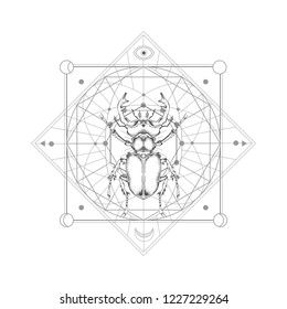 Vector illustration with hand drawn stag beetle and Sacred geometric symbol on white background. Abstract mystic sign. Black linear shape. For you design and magic craft.