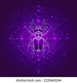 Vector illustration with hand drawn stag beetle and Sacred geometric symbol against the starry sky. Abstract mystic sign. Linear shape. For you design: tattoo, print, posters, t-shirts, textiles