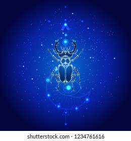 Vector illustration with hand drawn stag beetle and Sacred geometric symbol against the starry sky. Abstract mystic sign. Linear shape. For you design: tattoo, print, posters, t-shirts, textiles.