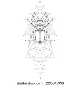 Vector illustration with hand drawn stag beetle and Sacred geometric symbol on white background. Abstract mystic sign. Black linear shape. For you design and magic craft.