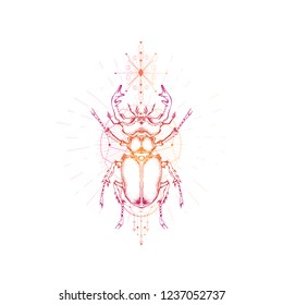 Vector illustration with hand drawn stag beetle and Sacred geometric symbol on white background. Abstract mystic sign. Colored linear shape. For you design: tattoo, print, posters, t-shirts, textiles.