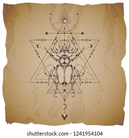 Vector illustration with hand drawn stag beetle and Sacred geometric symbol on vintage paper background with torn edges. Abstract mystic sign and insect. Sepia linear shape. For you design.