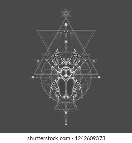 Vector illustration with hand drawn stag beetle and Sacred geometric symbol on black vintage background. Abstract mystic sign. White linear shape. For you design: tattoo, print, posters, t-shirts.