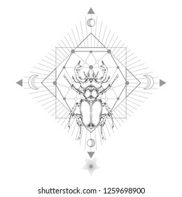 Vector illustration with hand drawn stag beetle and Sacred geometric symbol on white background. Abstract mystic sign. Black linear shape. For you design and magic craft.