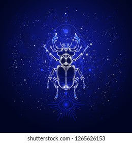 Vector illustration with hand drawn stag beetle and Sacred geometric symbol against the starry sky. Abstract mystic sign. Linear shape. Linear shape. For you design: tattoo, print, posters, t-shirts.