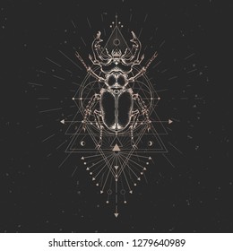 Vector illustration with hand drawn stag beetle and Sacred geometric symbol on black vintage background. Abstract mystic sign. Gold linear shape. For you design and other.