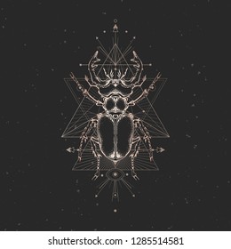 Vector illustration with hand drawn stag beetle and Sacred geometric symbol on black vintage background. Abstract mystic sign. Gold linear shape. For you design and other.