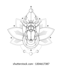 Vector illustration with hand drawn stag beetle and Sacred geometric symbol on white background. Abstract mystic sign. Black linear shape. For you design, tattoo or magic craft.