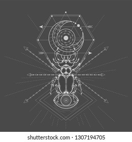 Vector illustration with hand drawn Stag Beetle and Sacred symbol on black background. Abstract mystic sign. White linear shape. For you design, tattoo or magic craft.