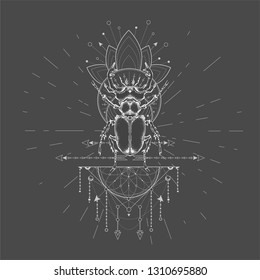 Vector illustration with hand drawn Stag Beetle and Sacred symbol on black background. Abstract mystic sign. White linear shape. For you design, tattoo or magic craft.