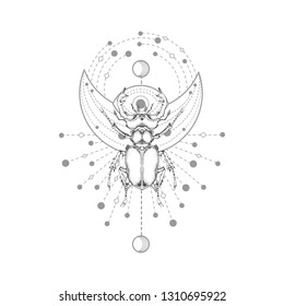 Vector illustration with hand drawn stag beetle and Sacred geometric symbol on white background. Abstract mystic sign. Black linear shape. For you design, tattoo or magic craft.