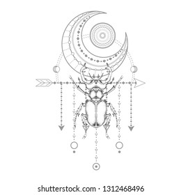Vector illustration with hand drawn stag beetle and Sacred geometric symbol on white background. Abstract mystic sign. Black linear shape. For you design, tattoo or magic craft.