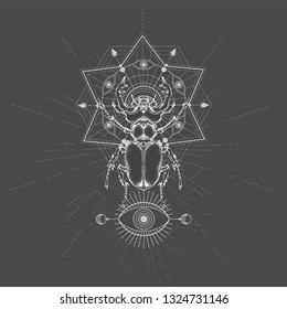 Vector illustration with hand drawn Stag Beetle and Sacred geometric symbol on black background. Abstract mystic sign. White linear shape. For you design, tattoo or magic craft.