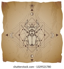 Vector illustration with hand drawn stag beetle and Sacred geometric symbol on vintage paper background with torn edges. Abstract mystic sign. Sepia linear shape. 
