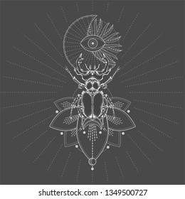 Vector illustration with hand drawn Stag Beetle and Sacred symbol on black background. Abstract mystic sign. White linear shape. For you design, tattoo or magic craft.