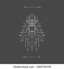 Vector illustration with hand drawn Stag Beetle and Sacred symbol on black background. Abstract mystic sign. White linear shape. For you design, tattoo or magic craft.