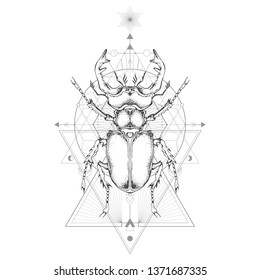 Vector illustration with hand drawn stag beetle and Sacred geometric symbol on white background. Abstract mystic sign. Black linear shape. For you design and magic craft.