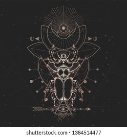 Vector illustration with hand drawn Stag beetle and Sacred geometric symbol on black vintage background. Abstract mystic sign. Gold linear shape. For you design and magic craft.