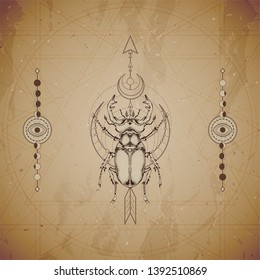 Vector illustration with hand drawn Stag beetle and Sacred geometric symbol on vintage paper background. Abstract mystic sign. Sepia linear shape. For you design and magic craft.