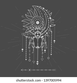 Vector illustration with hand drawn Stag Beetle and Sacred symbol on black background. Abstract mystic sign.