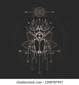 Vector illustration with hand drawn Stag beetle and Sacred geometric symbol on black vintage background. Abstract mystic sign. Gold linear shape. For you design and magic craft.