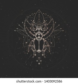 Vector illustration with hand drawn Stag beetle and Sacred geometric symbol on black vintage background. Abstract mystic sign. Gold linear shape. For you design and magic craft.