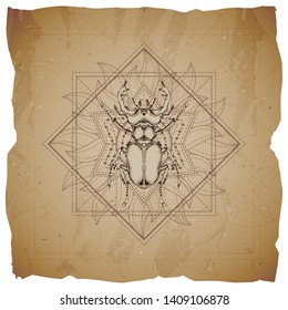 Vector illustration with hand drawn Stag beetle and Sacred geometric symbol on old paper background with torn edges. Abstract mystic sign. Sepia linear shape. For you design and magic craft.