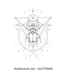 Vector illustration with hand drawn stag beetle and Sacred geometric symbol on white background. Abstract mystic sign.