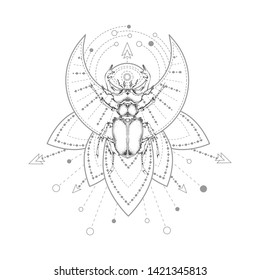 Vector illustration with hand drawn stag beetle and Sacred geometric symbol on white background. Abstract mystic sign.