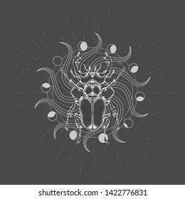 Vector illustration with hand drawn Stag Beetle and Sacred geometric symbol on black background. Abstract mystic sign. 