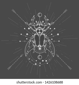 Vector illustration with hand drawn Stag Beetle and Sacred symbol on black background. Abstract mystic sign. White linear shape. For you design, tattoo or magic craft.