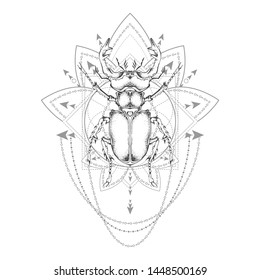 Vector illustration with hand drawn stag beetle and Sacred geometric symbol on white background. Abstract mystic sign. Black linear shape. For you design, tattoo or magic craft.