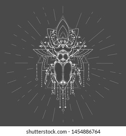 Vector illustration with hand drawn Stag Beetle and Sacred symbol on black background. Abstract mystic sign. White linear shape. For you design, tattoo or magic craft.