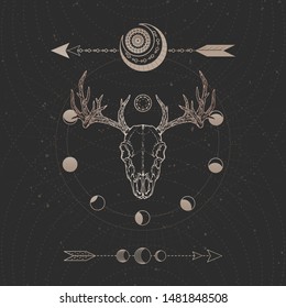 Vector illustration with hand drawn Stag skull and Sacred geometric symbol on black vintage background. Abstract mystic sign. Gold linear shape. For you design and magic craft.