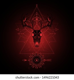 Vector illustration with hand drawn stag skull and Sacred geometric symbol on black background. Abstract mystic sign. Red linear shape. For you design, tattoo or magic craft.