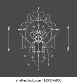 Vector illustration with hand drawn Stag Beetle and Sacred symbol on black background. Abstract mystic sign. White linear shape. For you design, tattoo or magic craft.