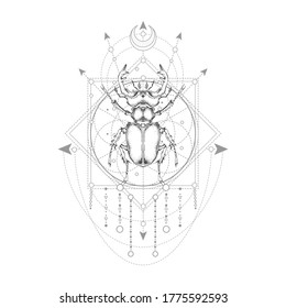 Vector illustration with hand drawn stag beetle and Sacred geometric symbol on white background. Abstract mystic sign. Black linear shape. 