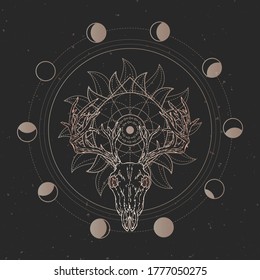 Vector illustration with hand drawn Stag skull and Sacred geometric symbol on black vintage background. Abstract mystic sign. Gold linear shape. 