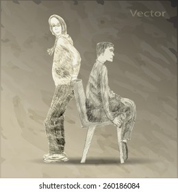 Vector  illustration of  hand drawn standing girl and sitting boy on grange dark beige background