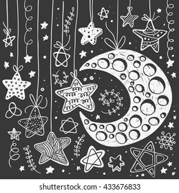 Vector illustration of hand drawn stars. Chalkboard style.