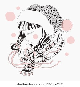 Vector illustration hand drawn style line. Portrait of a young girl in a winter cap and scarf